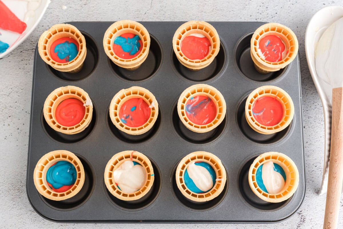 patriotic ice cream cone cupcakes in a cupcake pan