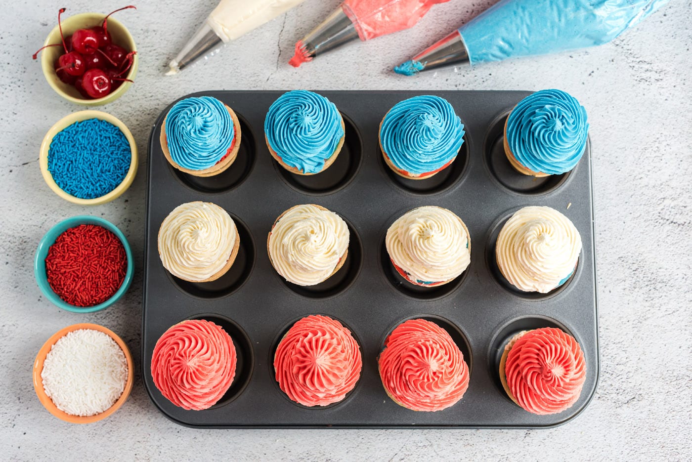 red, white, and blue ice cream cone cupcakes