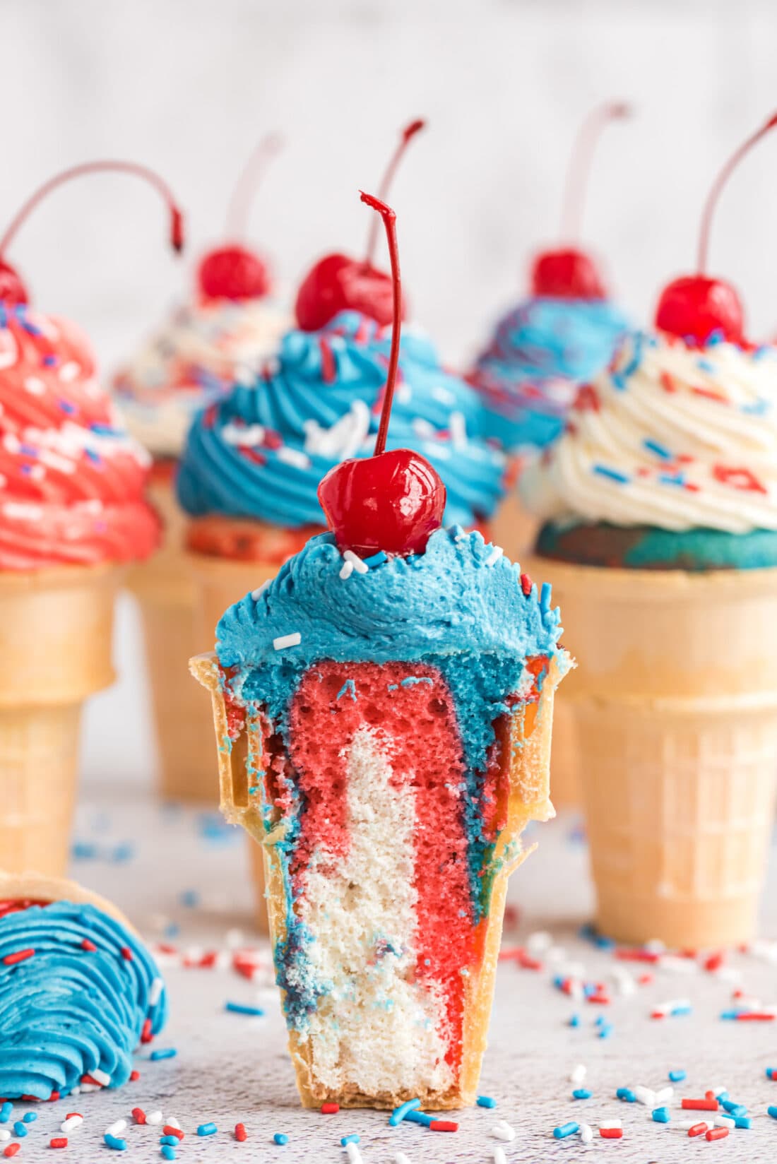 Patriotic Ice Cream Cone Cupcakes cut in half