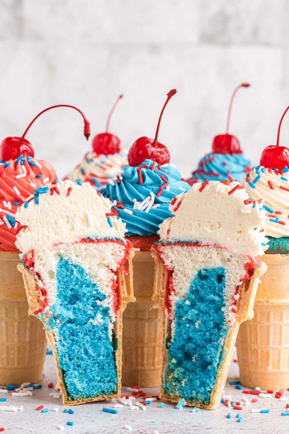 Patriotic Ice Cream Cone Cupcakes sliced in half