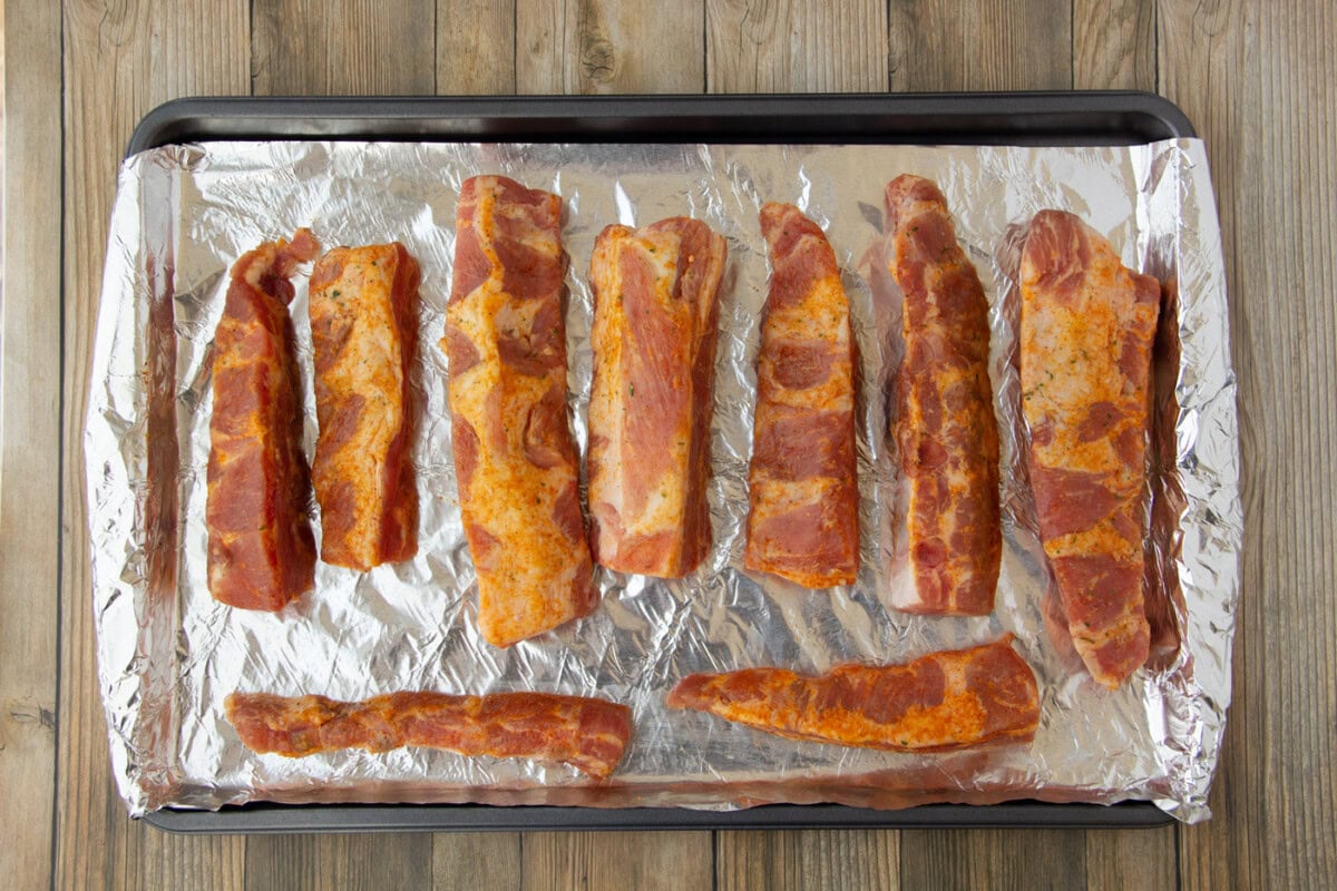 rib tips on a baking sheet