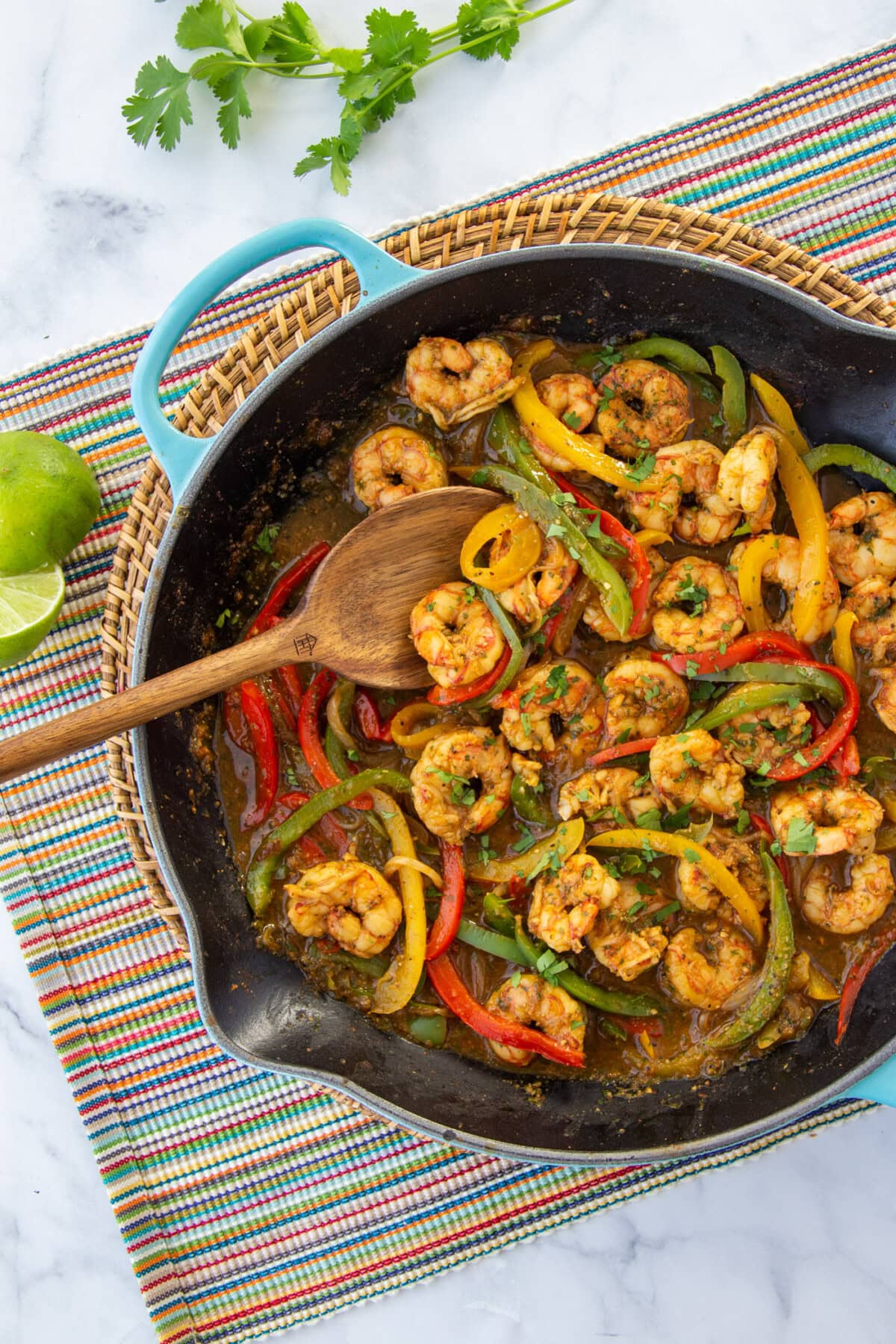 Shrimp Fajitas in a skillet