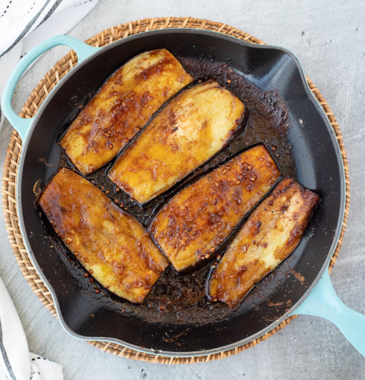 cooked eggplant in a skillet