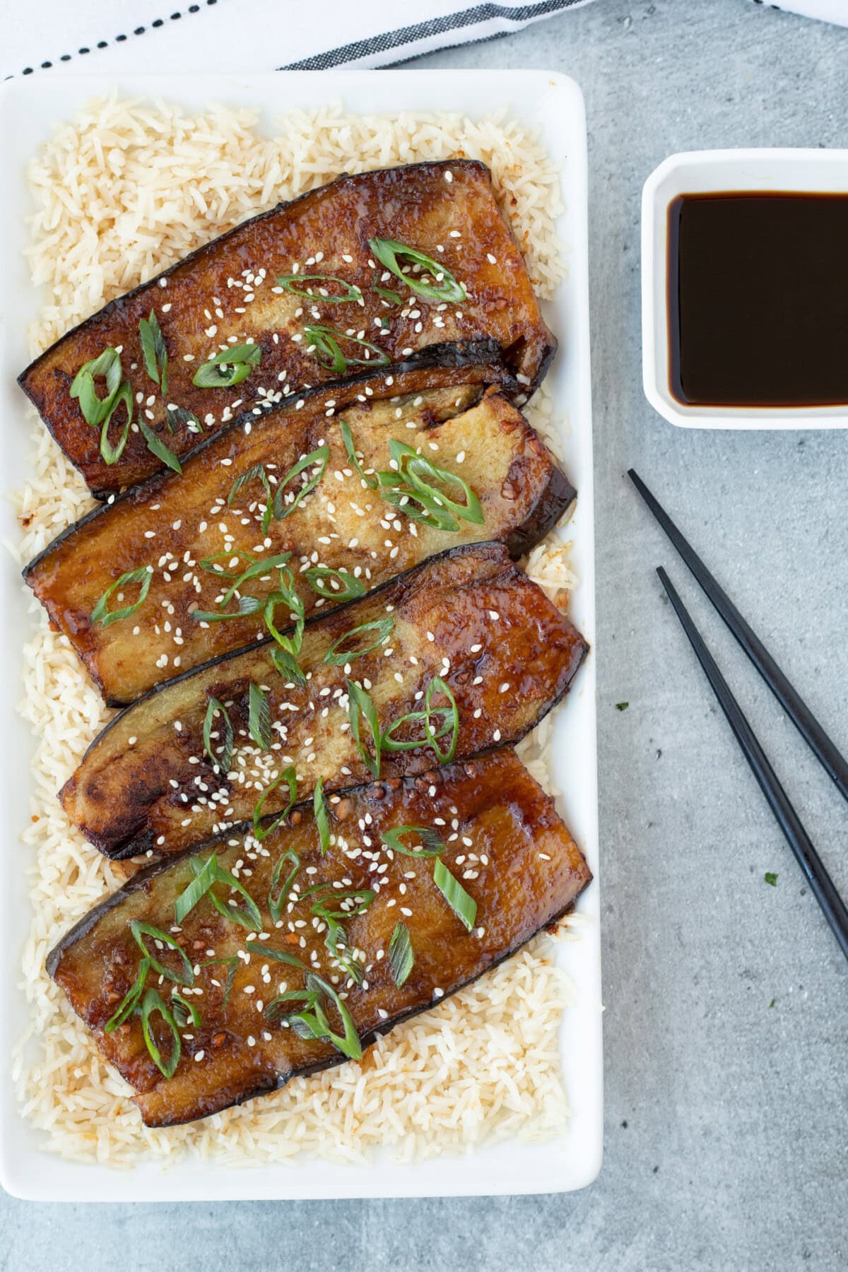Soy Glazed Eggplant with chopsticks