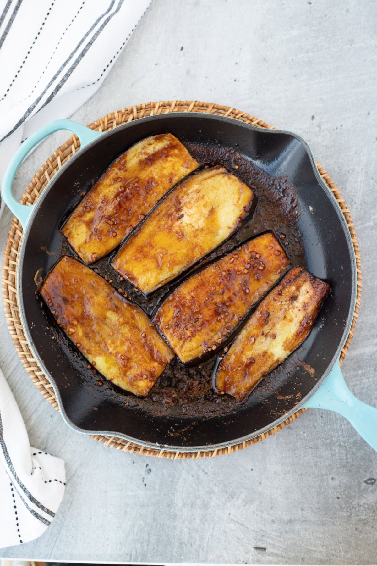 Soy Glazed Eggplant in skillet