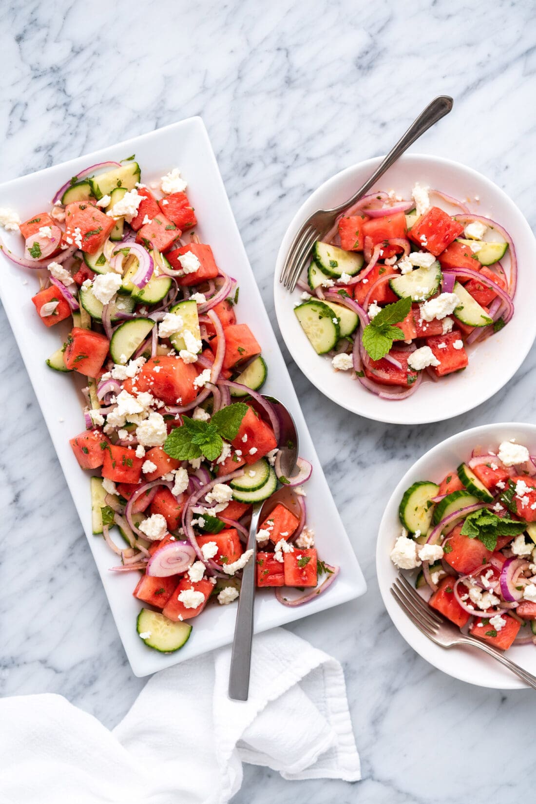 Watermelon Salad on platter and in bowls