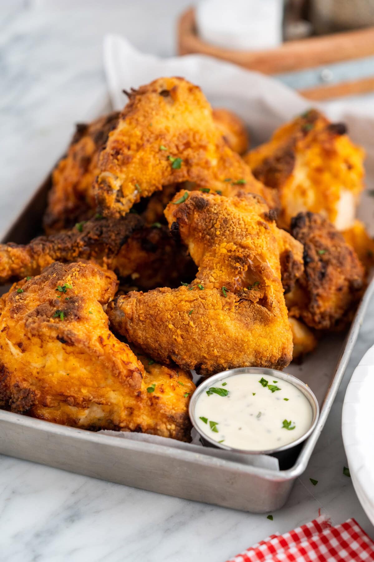 tray of Air Fryer Fried Chicken with dip