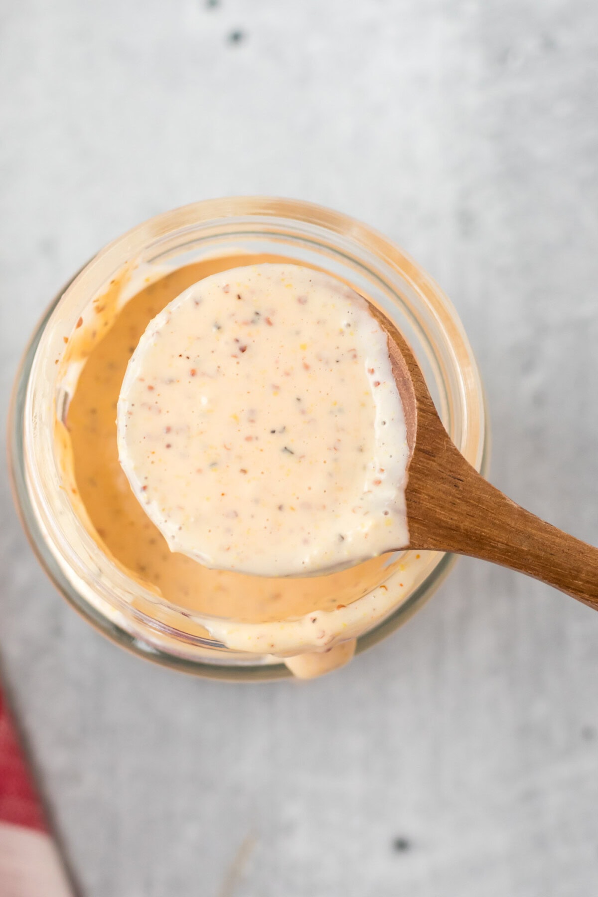 overhead photo of spoon of Alabama White Sauce