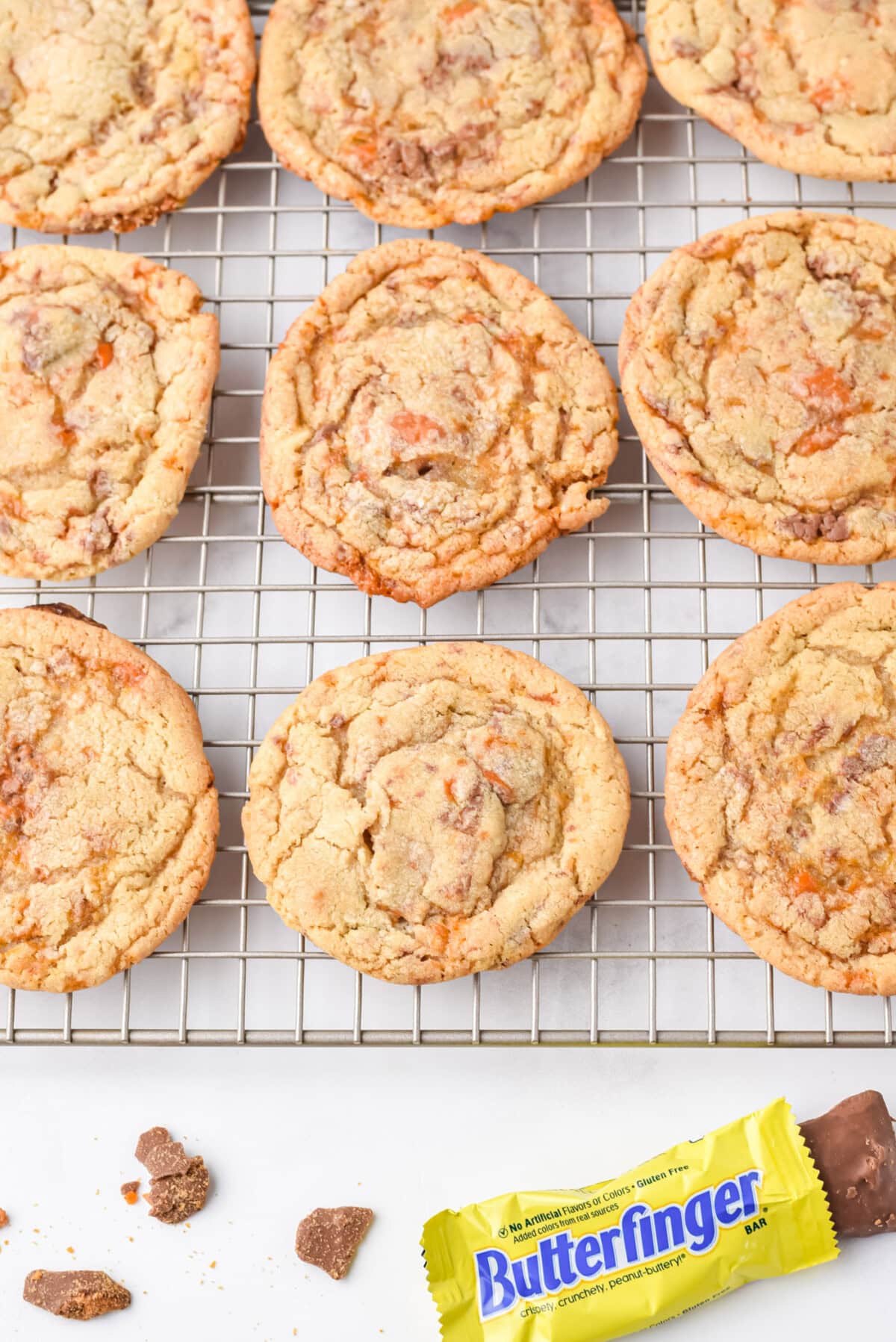 Butterfinger Cookies on a wire rack