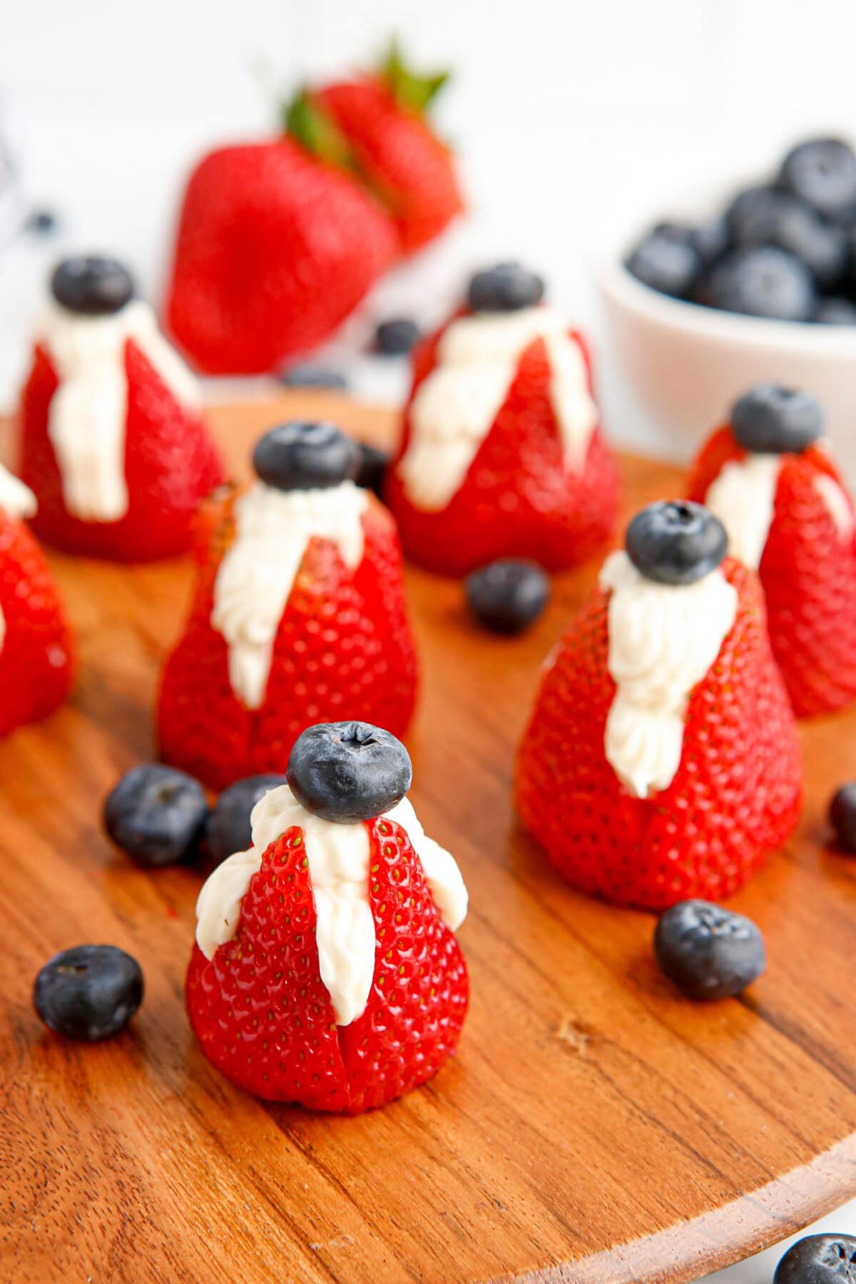 red white and blue Cheesecake Stuffed Strawberries