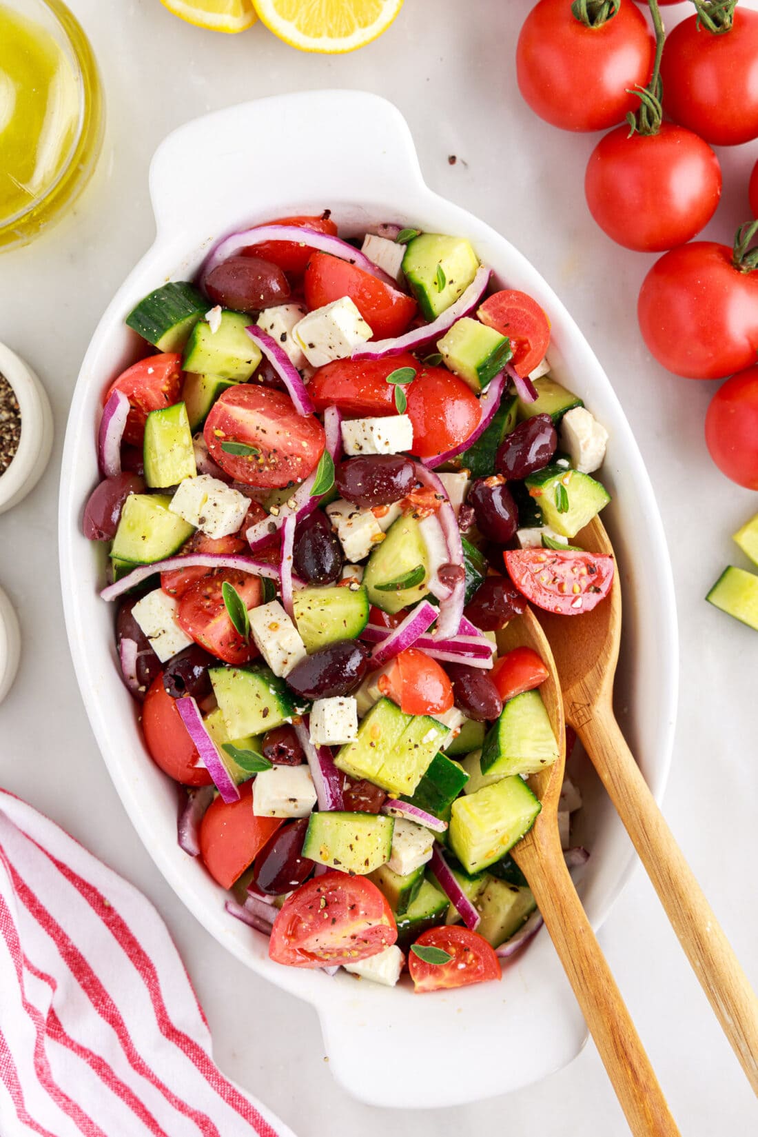 Greek Salad with wooden spoons