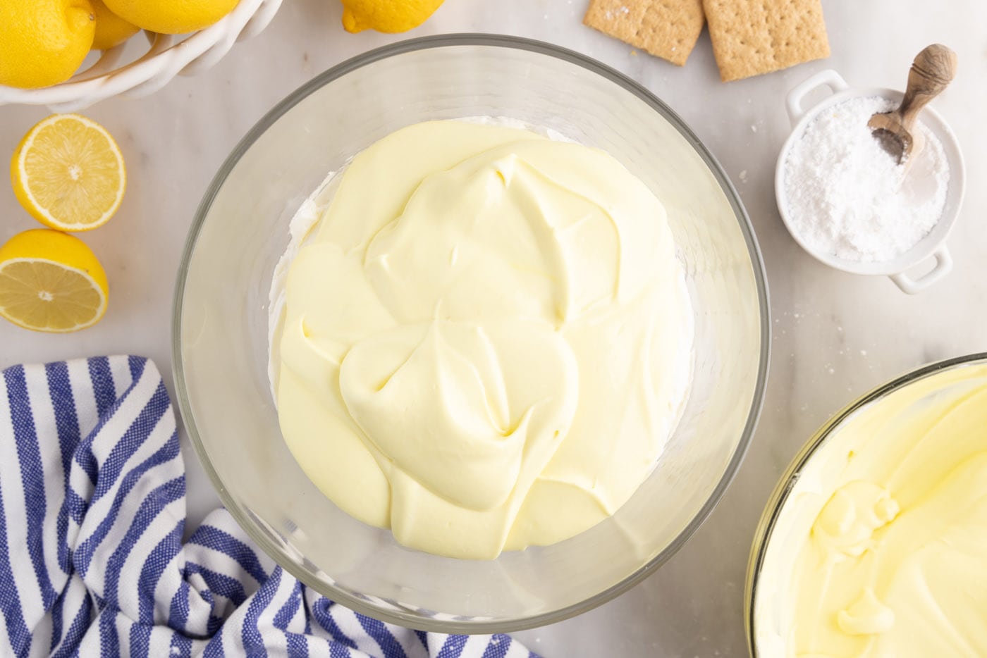 lemon pudding mixture in trifle bowl