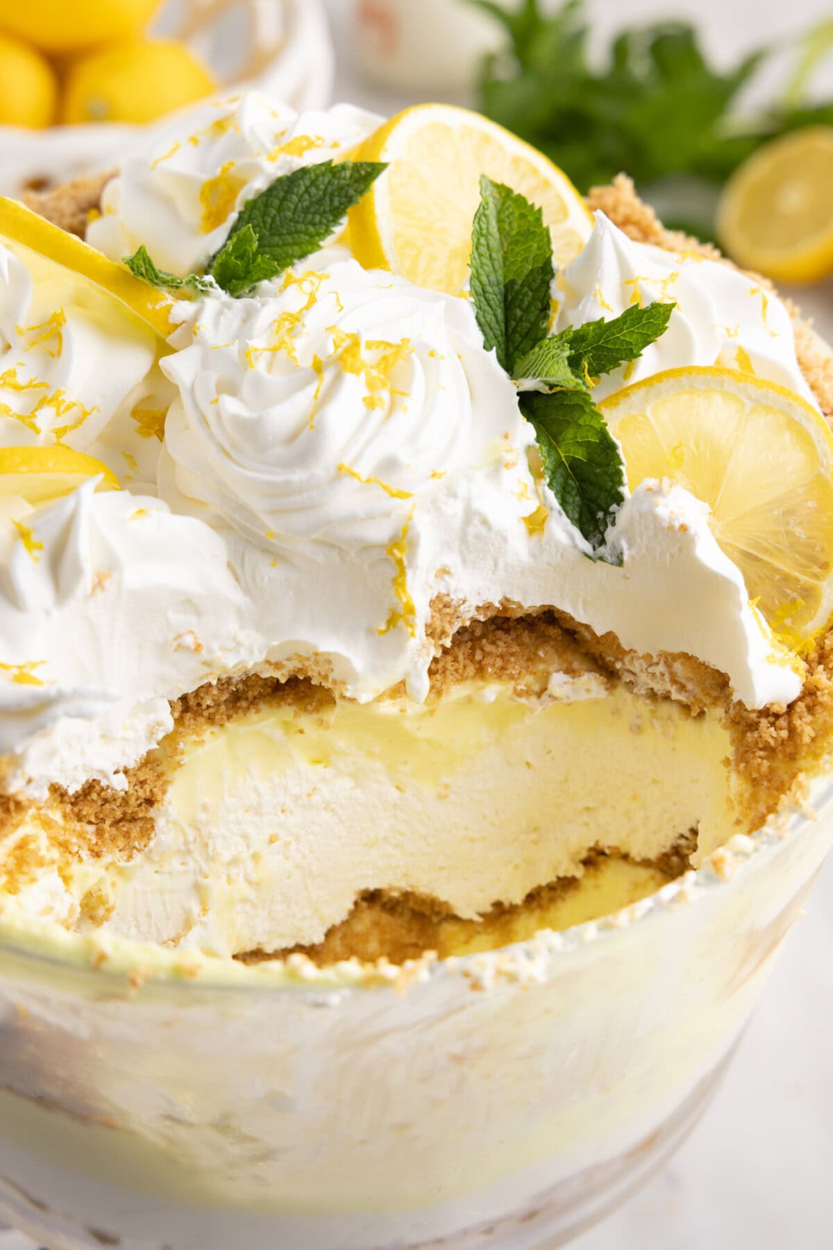 Lemon Lush Trifle with a spoonful removed