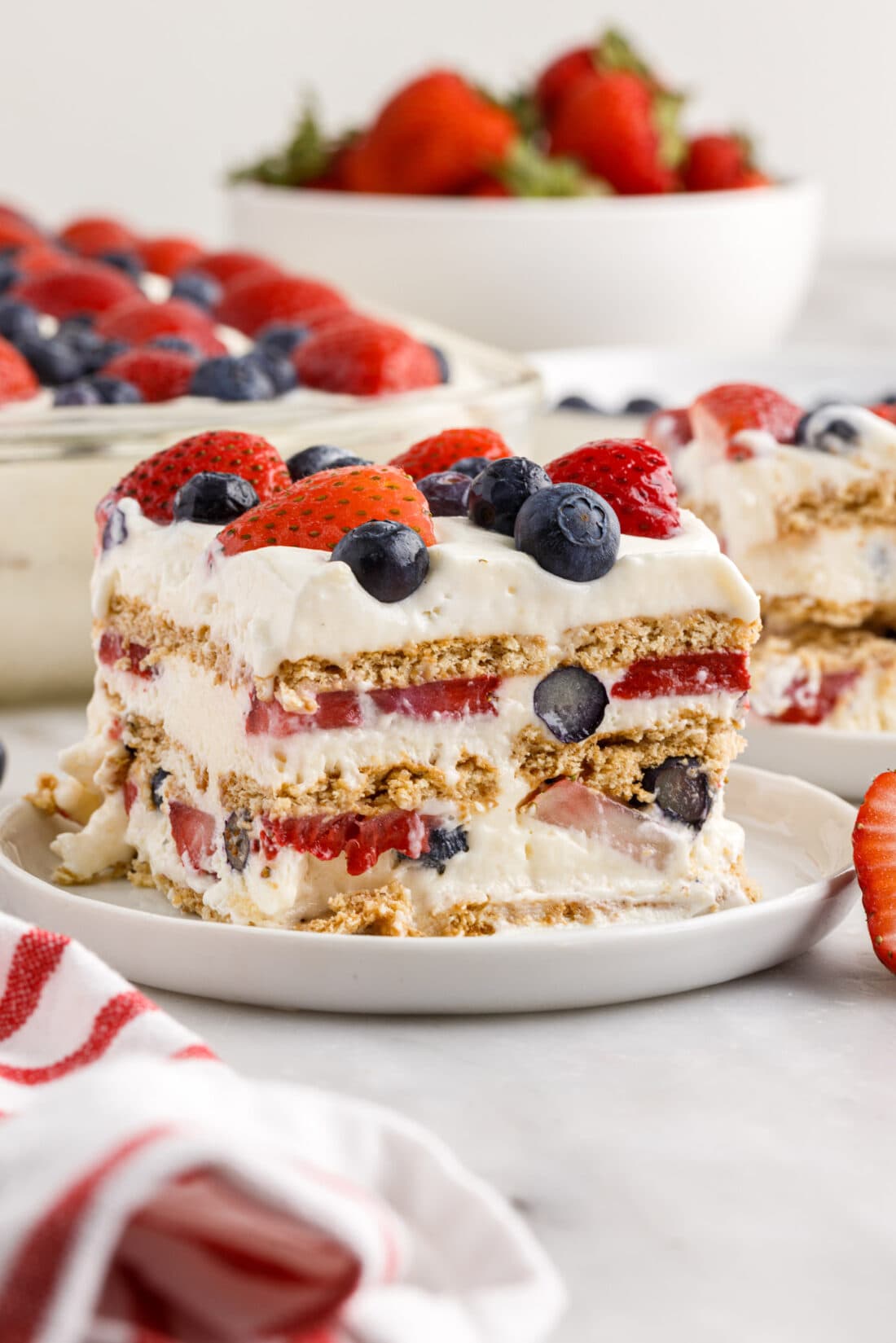 slice of Mixed Berry Icebox Cake on a plate