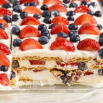 pan of Mixed Berry Icebox Cake with slices removed
