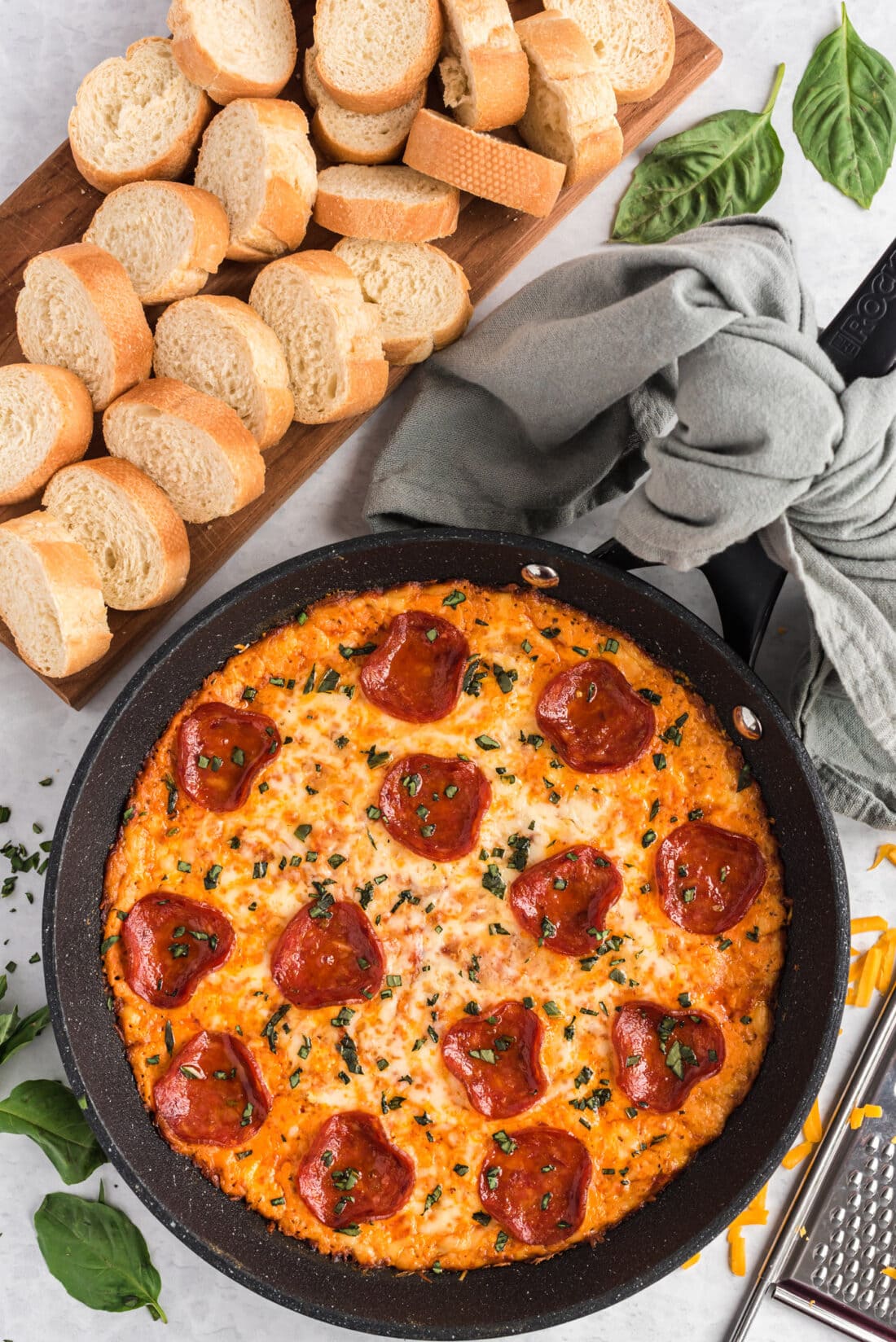 pizza dip in a cast iron skillet