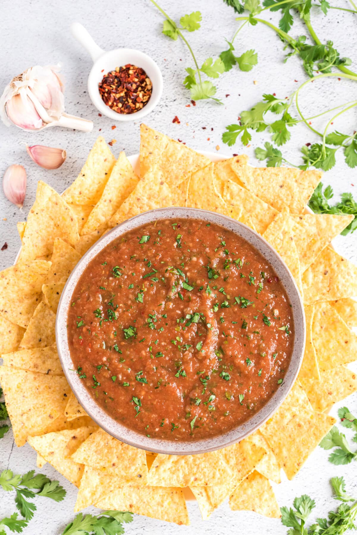 Restaurant Style Salsa in a bowl with tortilla chips