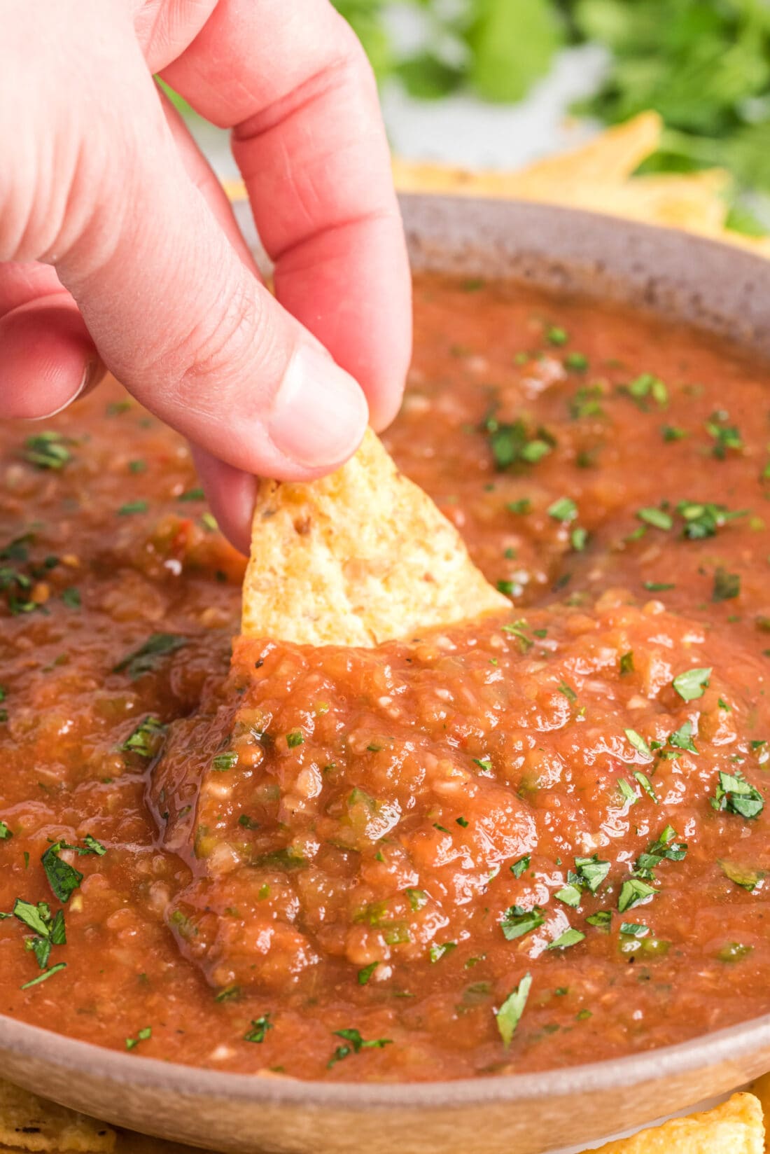 chip dipped into Restaurant Style Salsa