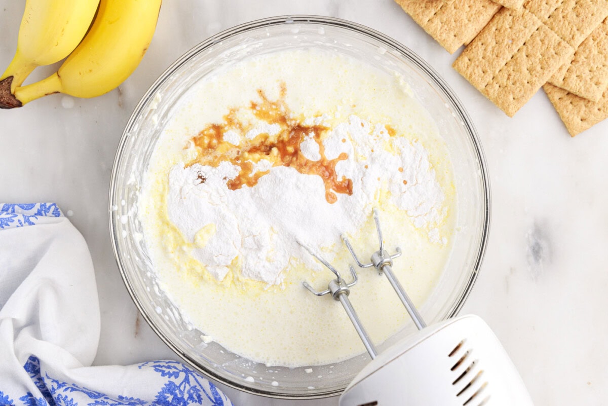 mixing banana pudding mix and vanilla into cream cheese mixture