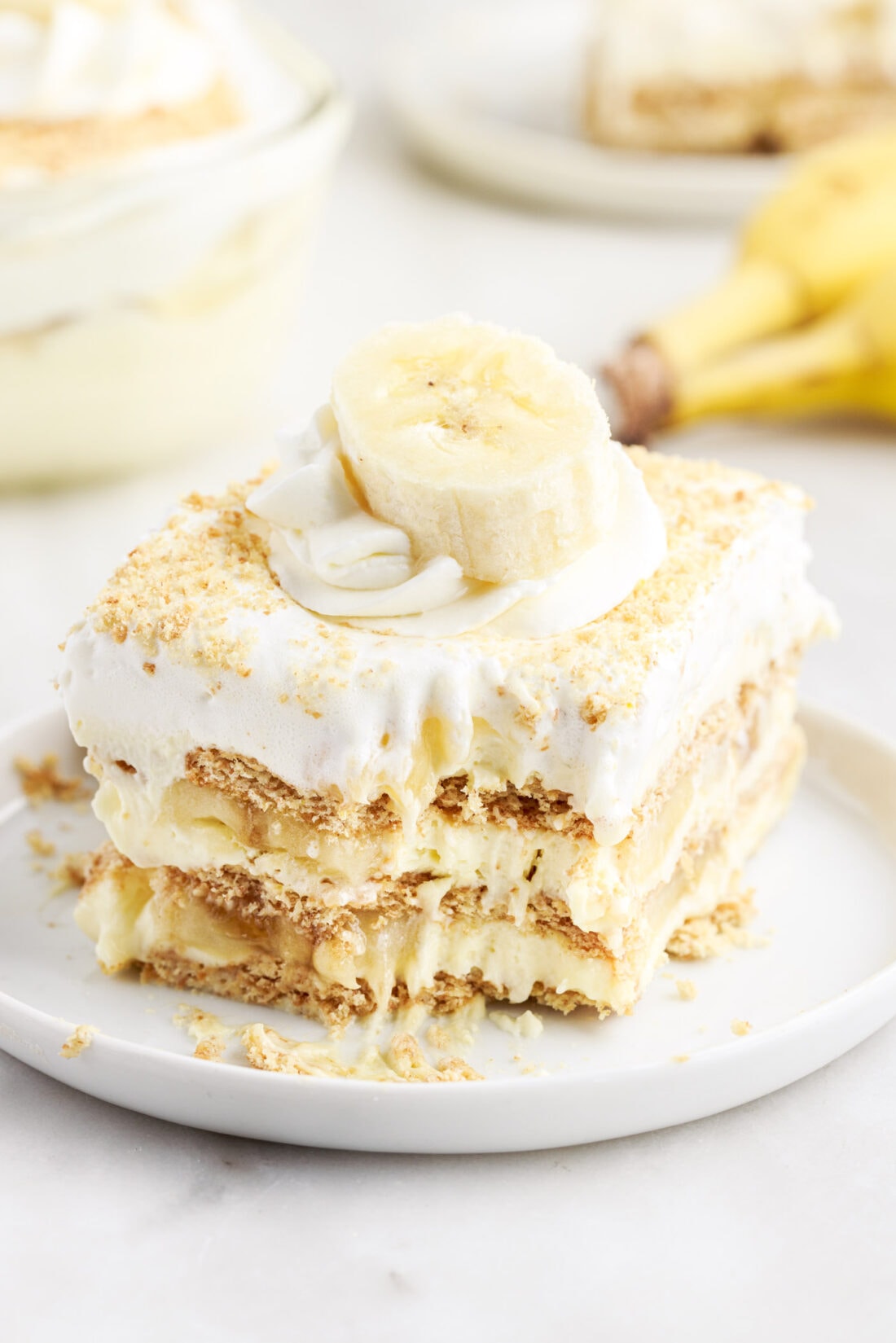 Banana Cream Pie Icebox Cake with a forkful removed