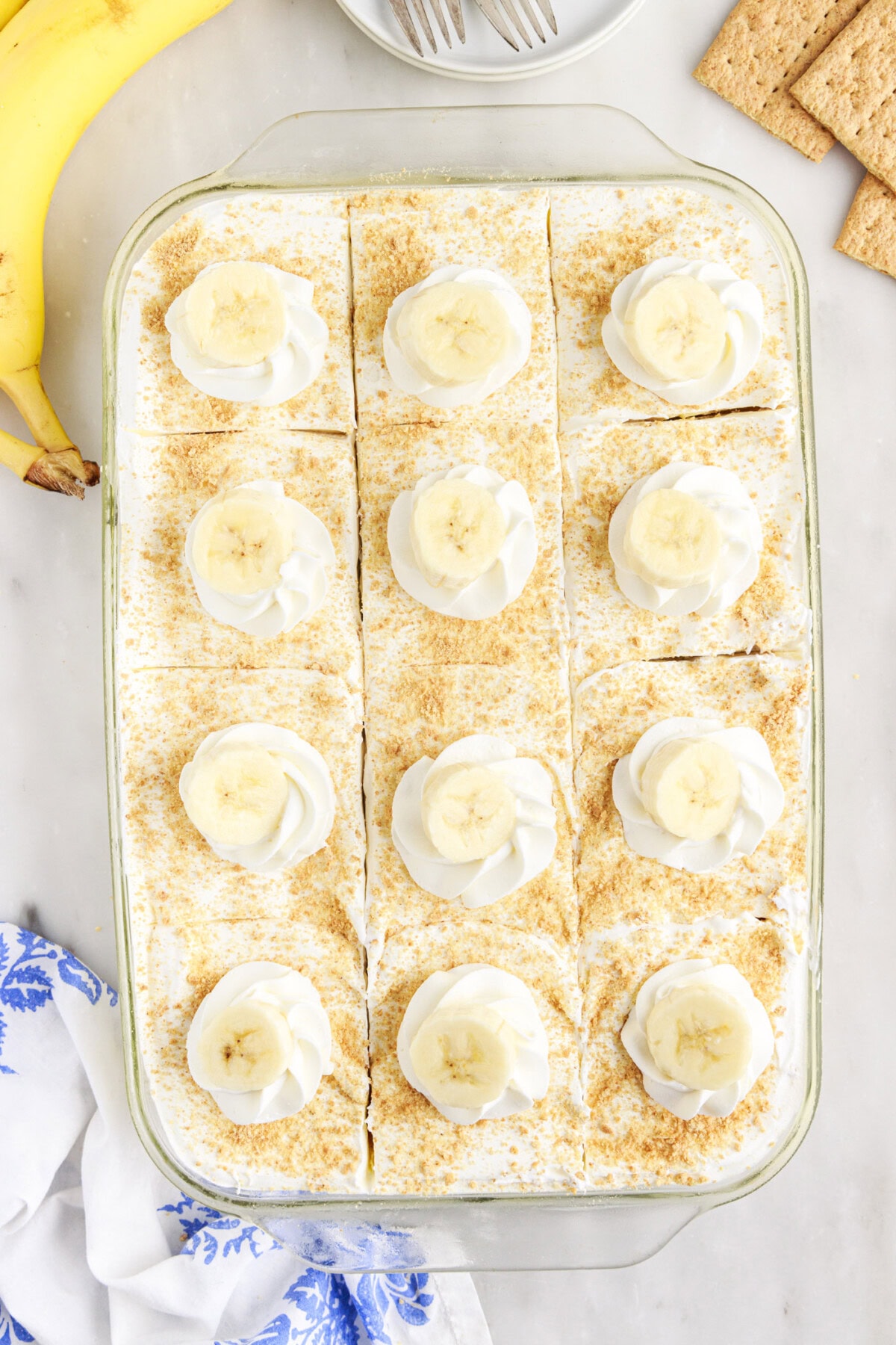 overhead view of Banana Cream Pie Icebox Cake sliced