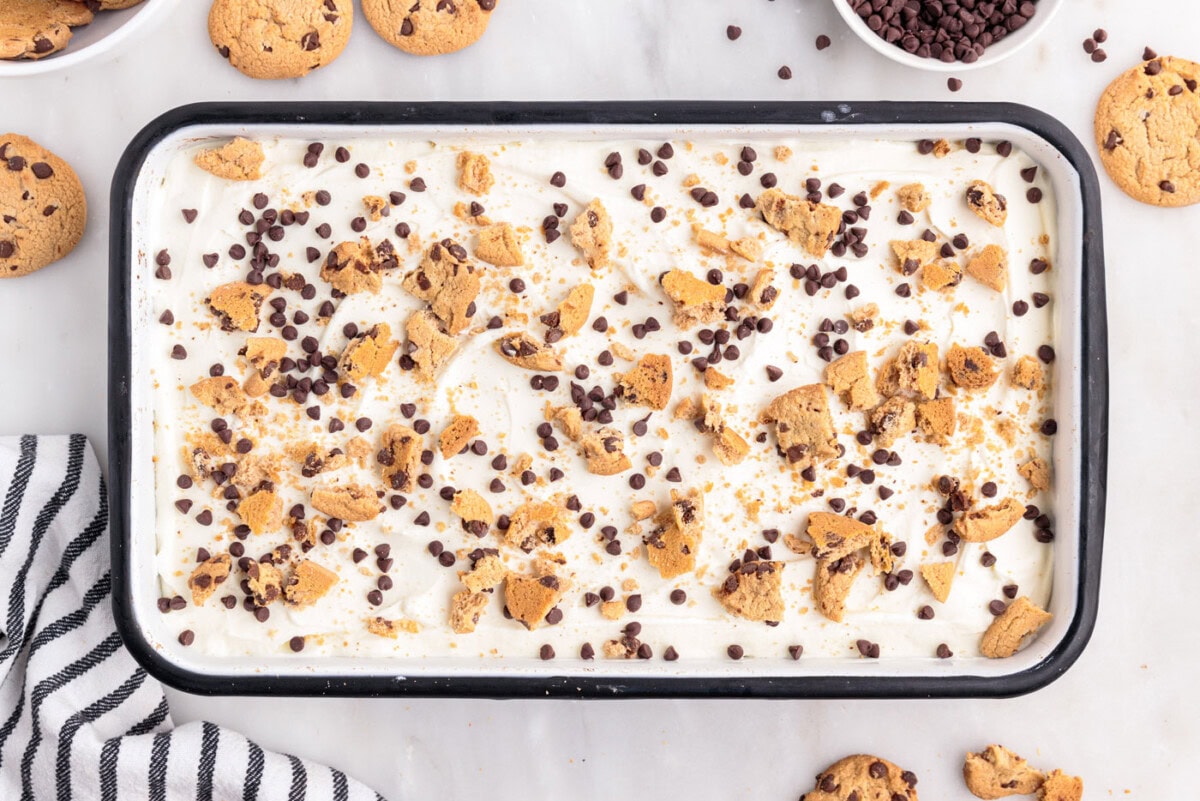 overhead shot of chocolate chip cookie icebox cake