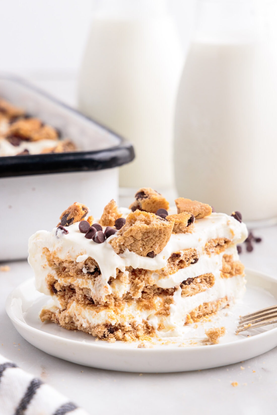 Chocolate Chip Cookie Icebox Cake with bite removed