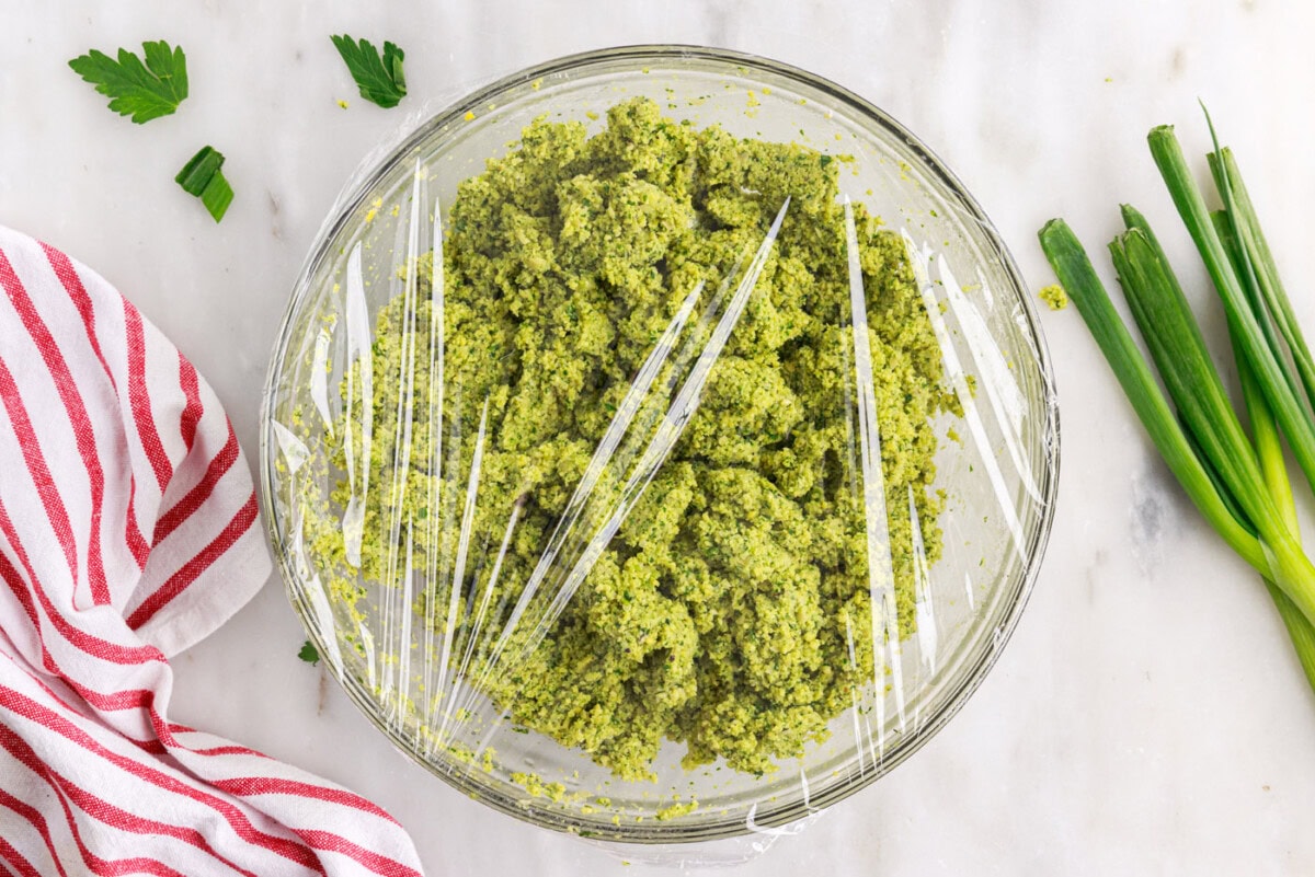 falafel mixture covered with plastic wrap