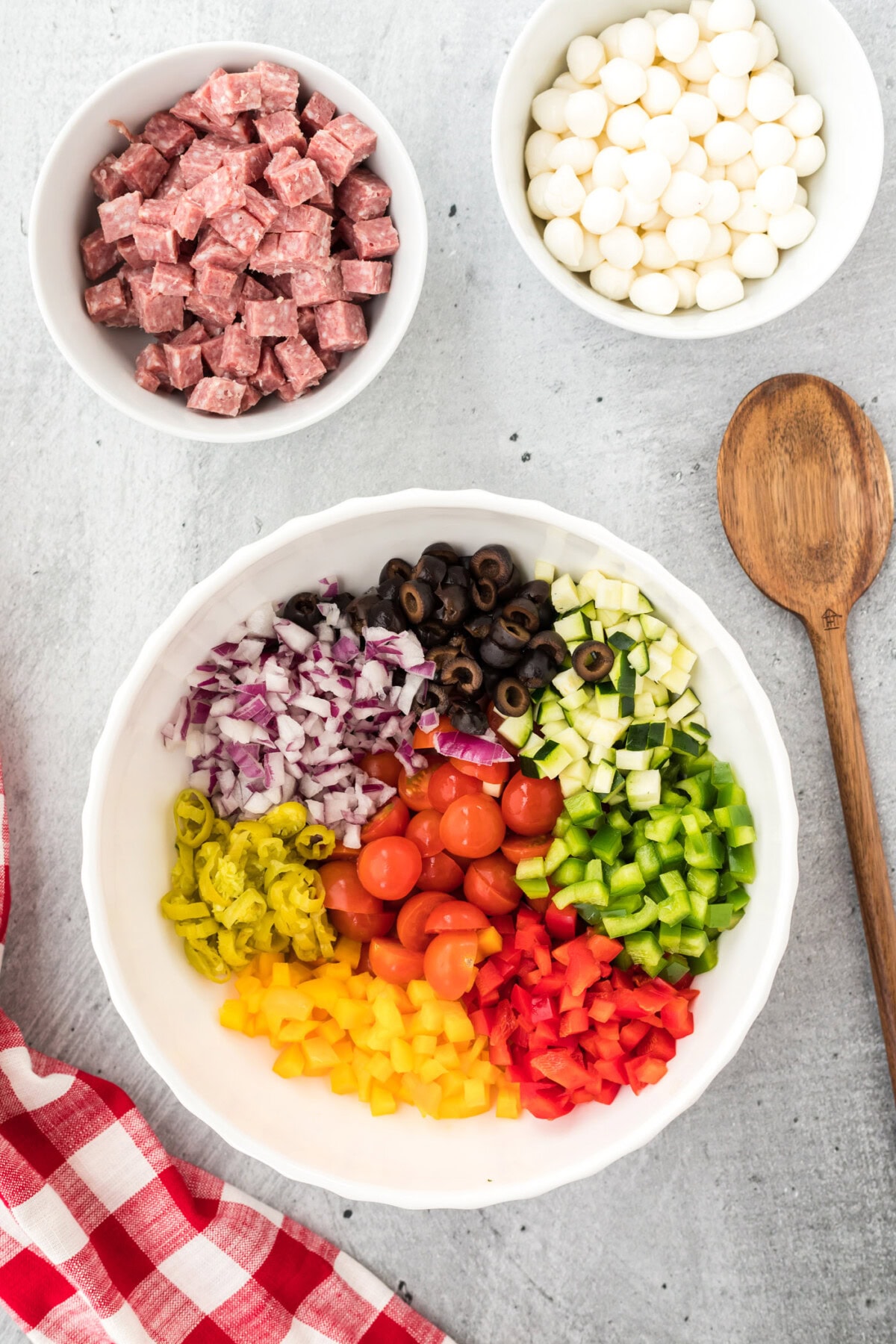 chopped veggies for pasta salad in a bowl