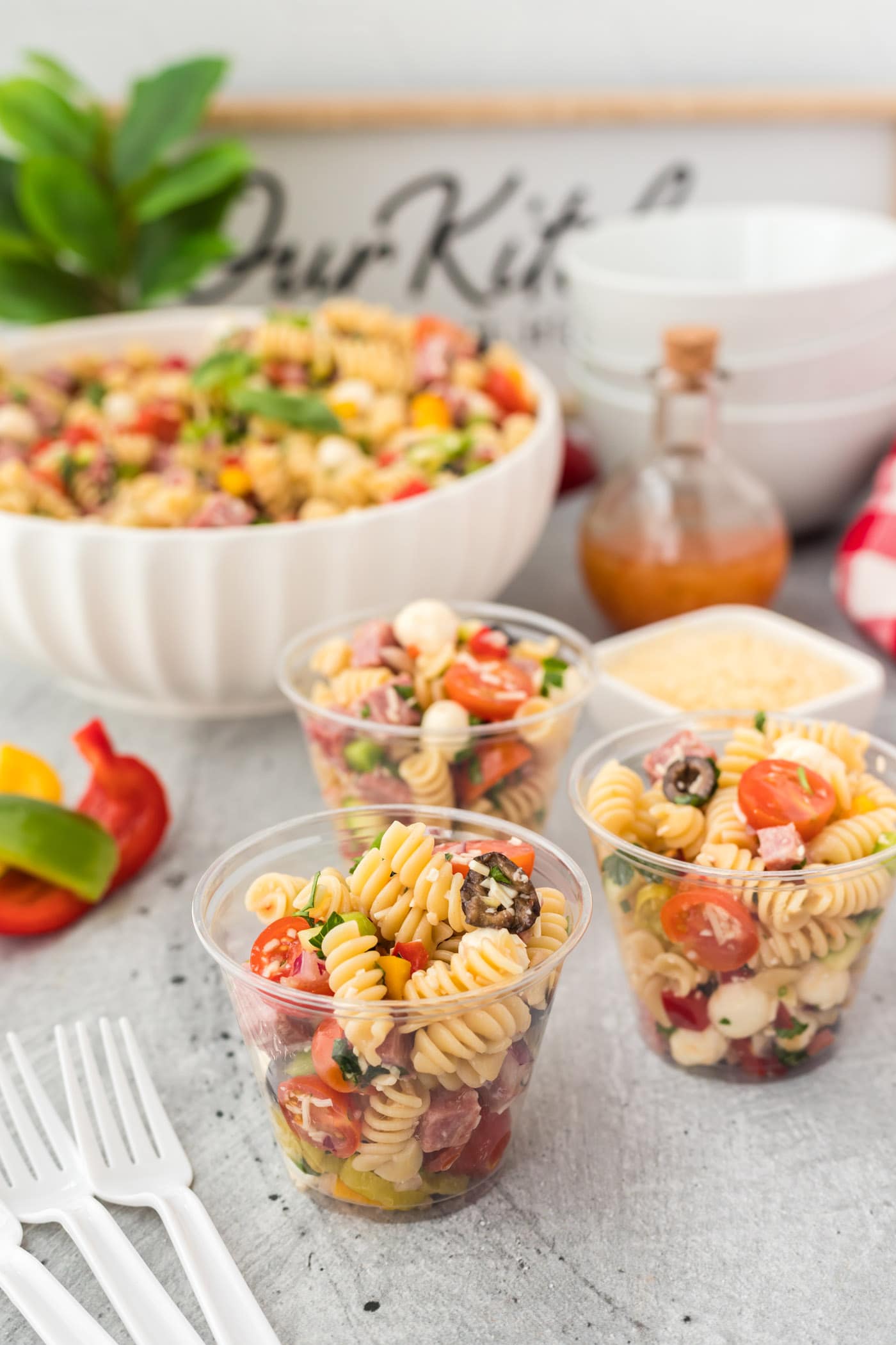 Italian pasta salad in individual cups