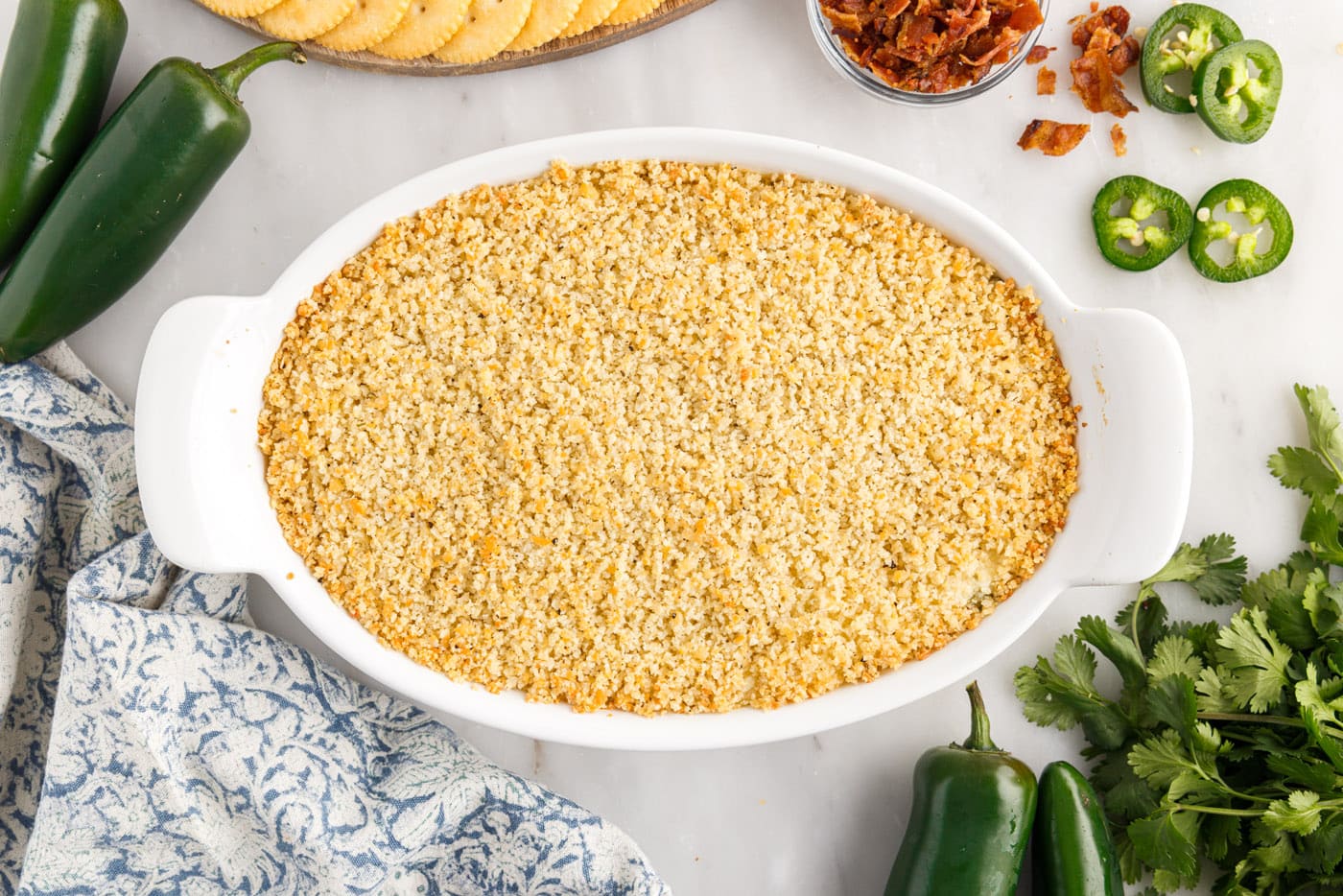 baked jalapeno popper dip in a dish