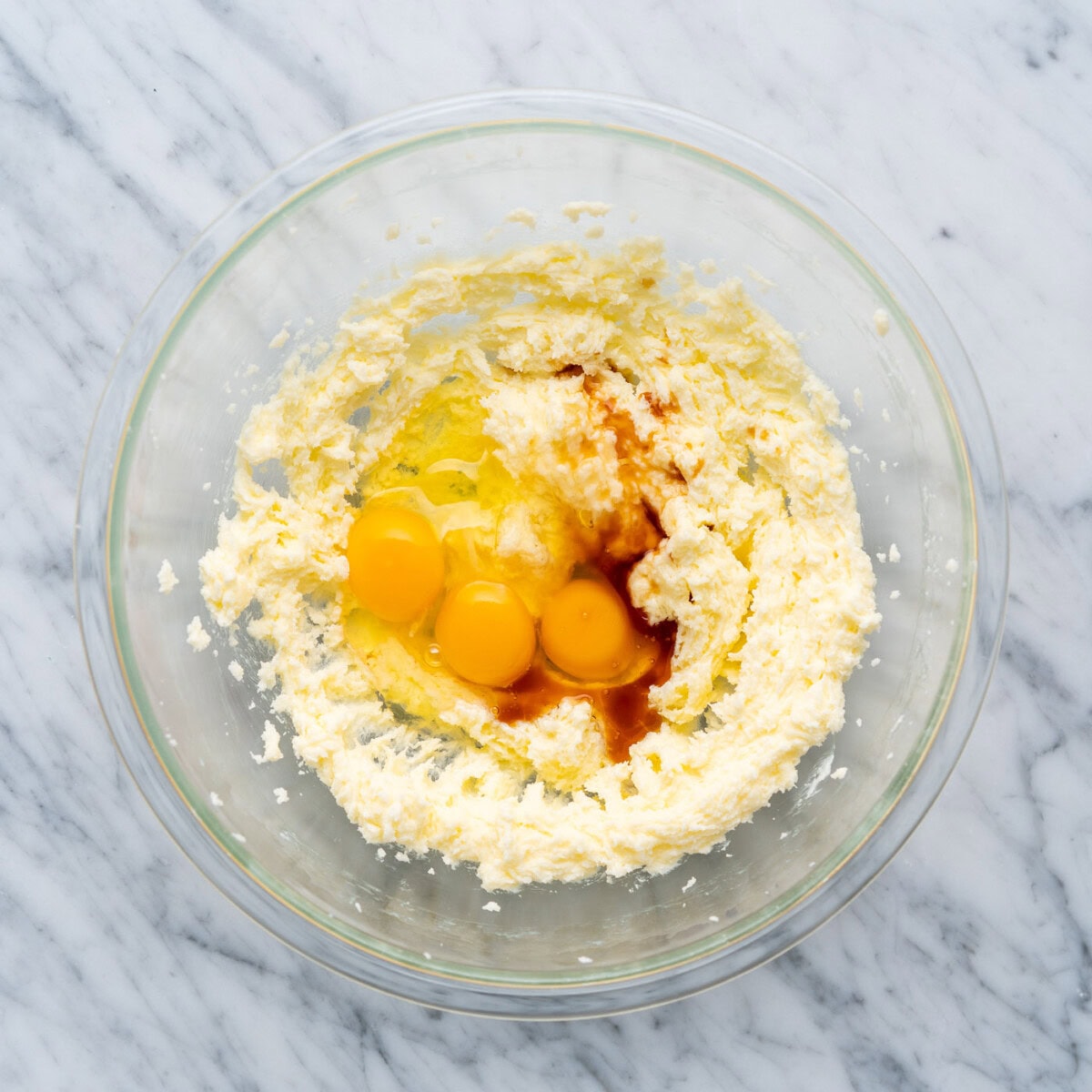 eggs and vanilla added to butter and sugar mixture