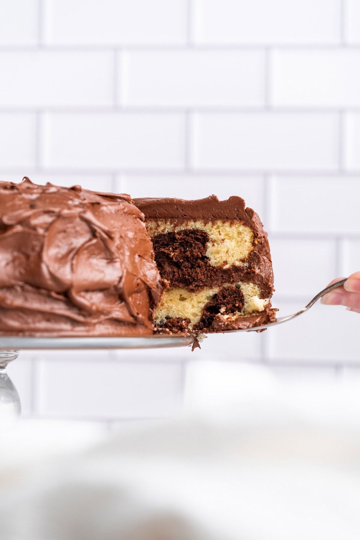 slice of Marble Cake on spatula