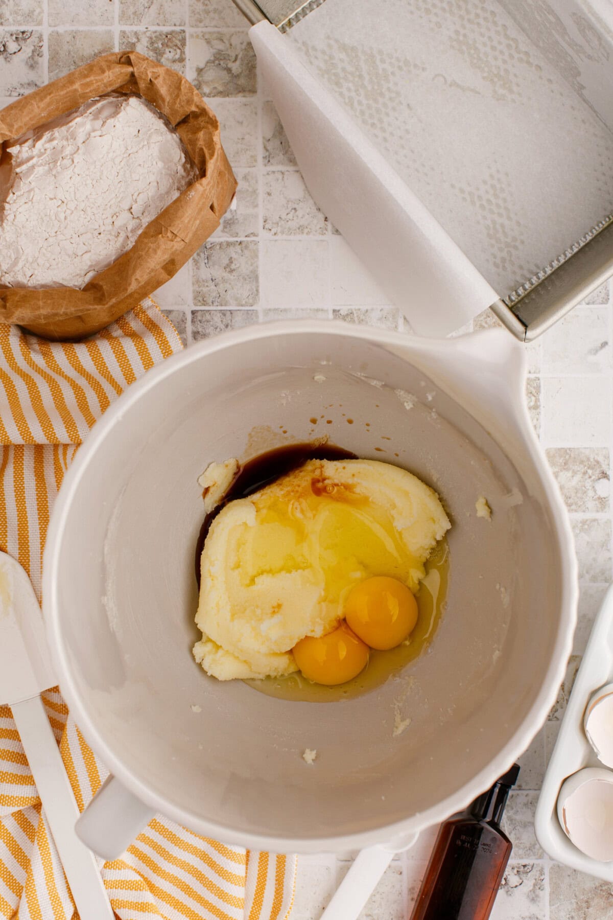 egg and vanilla added to butter and sugar mixture