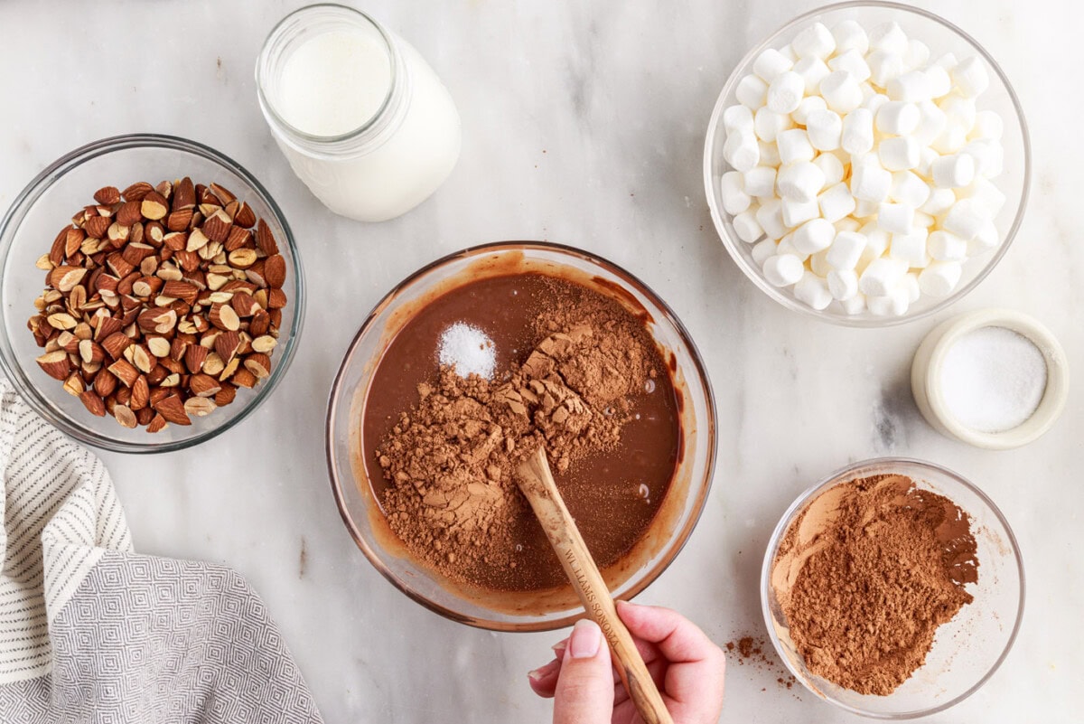 stirring chocolate ice cream in a bowl