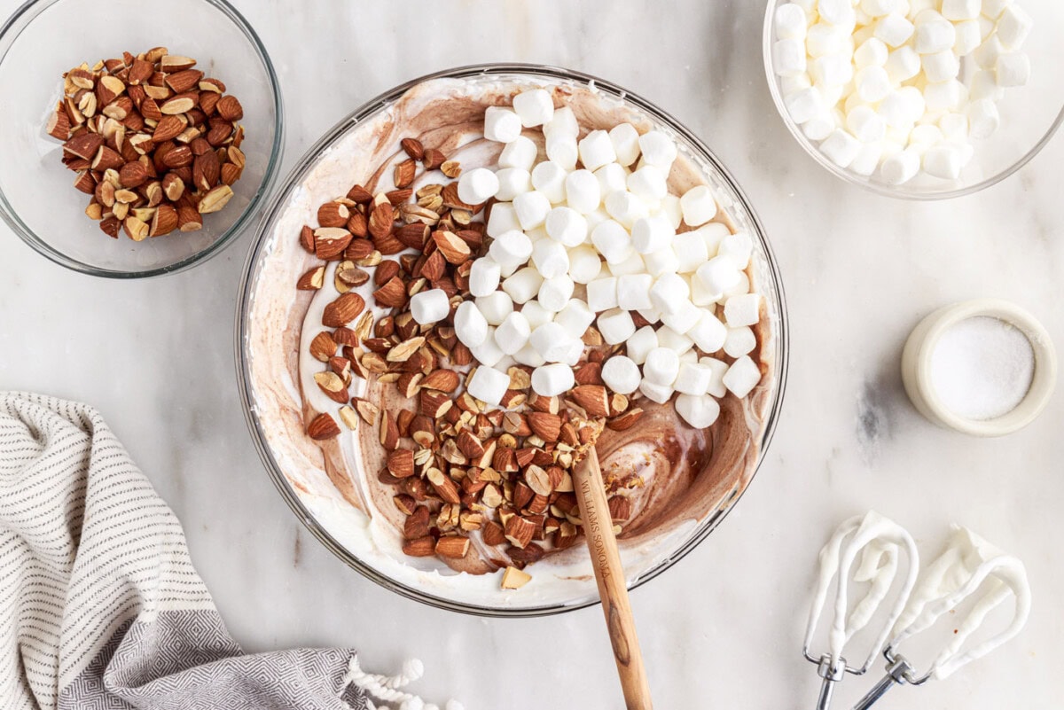 rocky road ice cream mixture in a mixing bowl