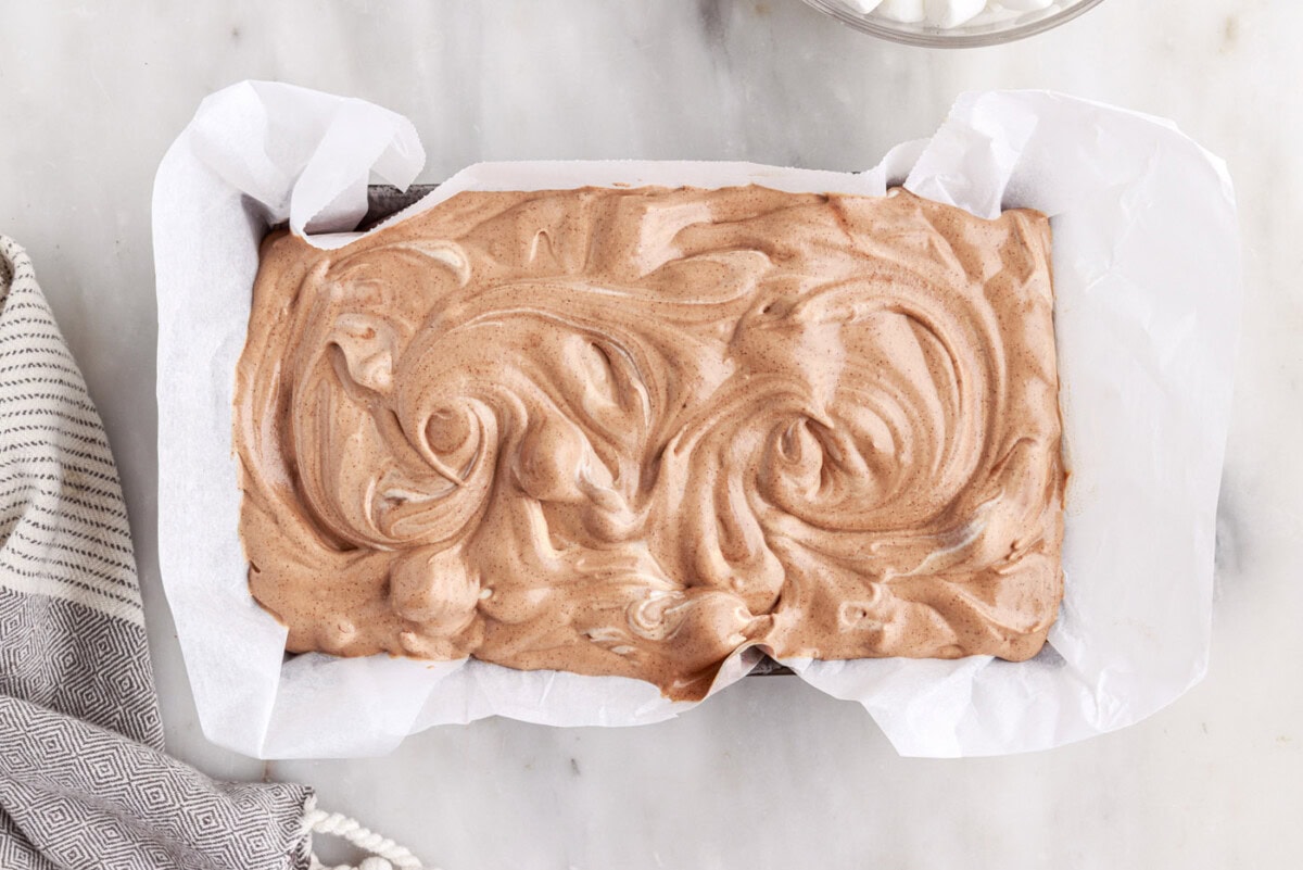 rocky road ice cream swirled in a pan