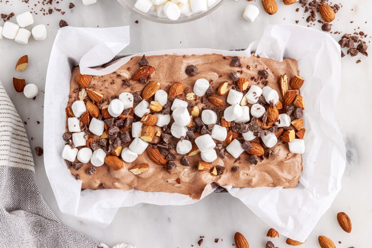 no-churn rocky road ice cream in a pan