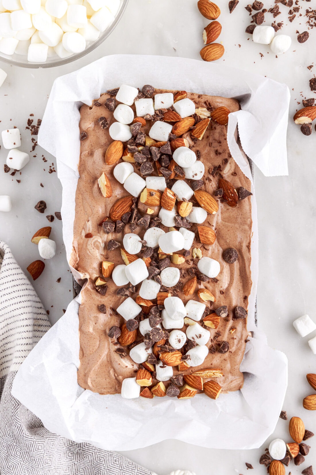 pan of Rocky Road Ice Cream with marshmallows and nuts on top