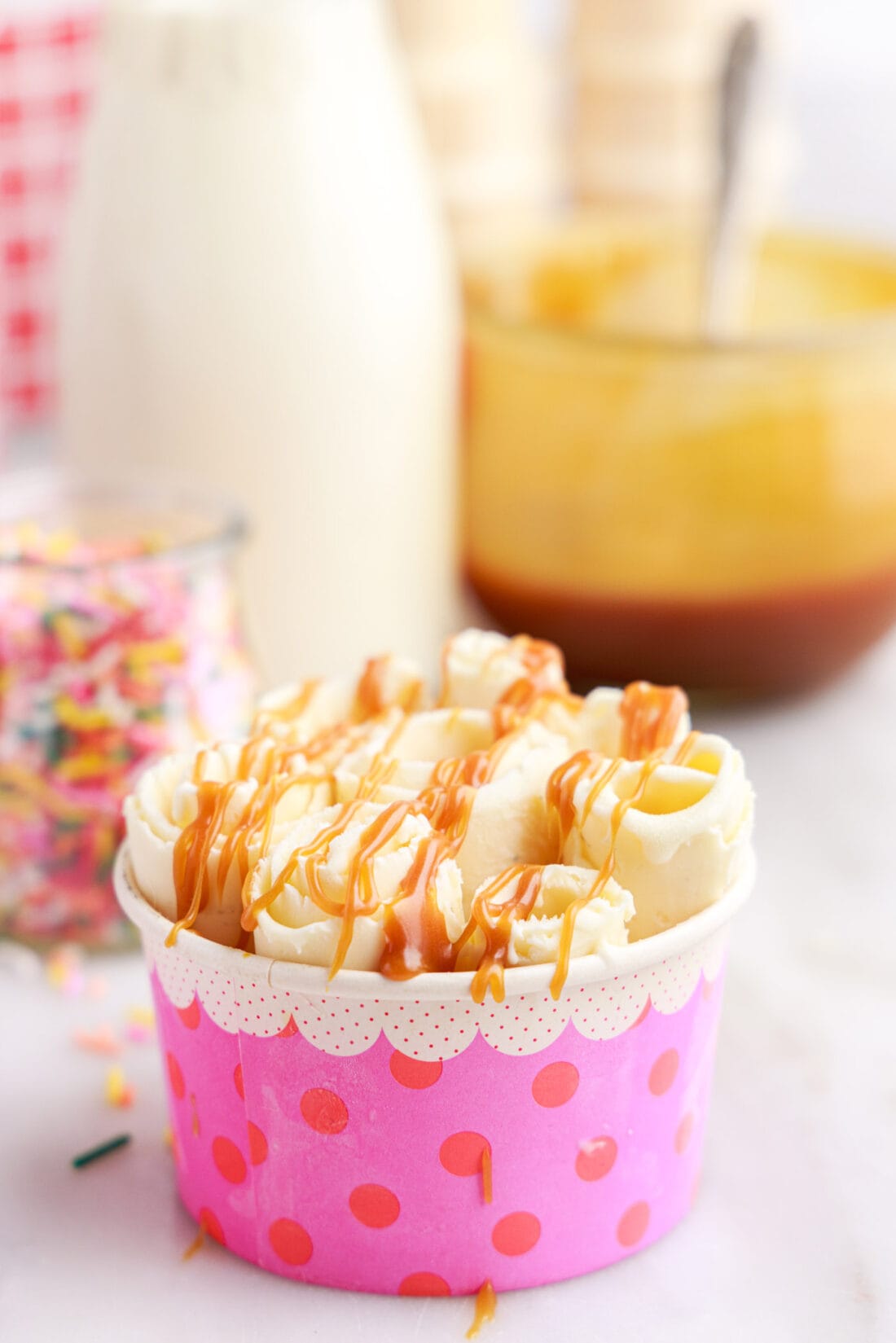 Rolled Ice Cream with caramel drizzle