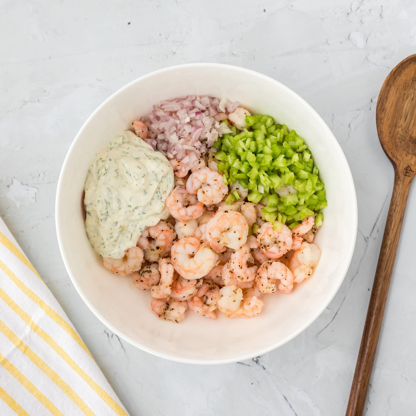 shrimp salad ingredients in a bowl