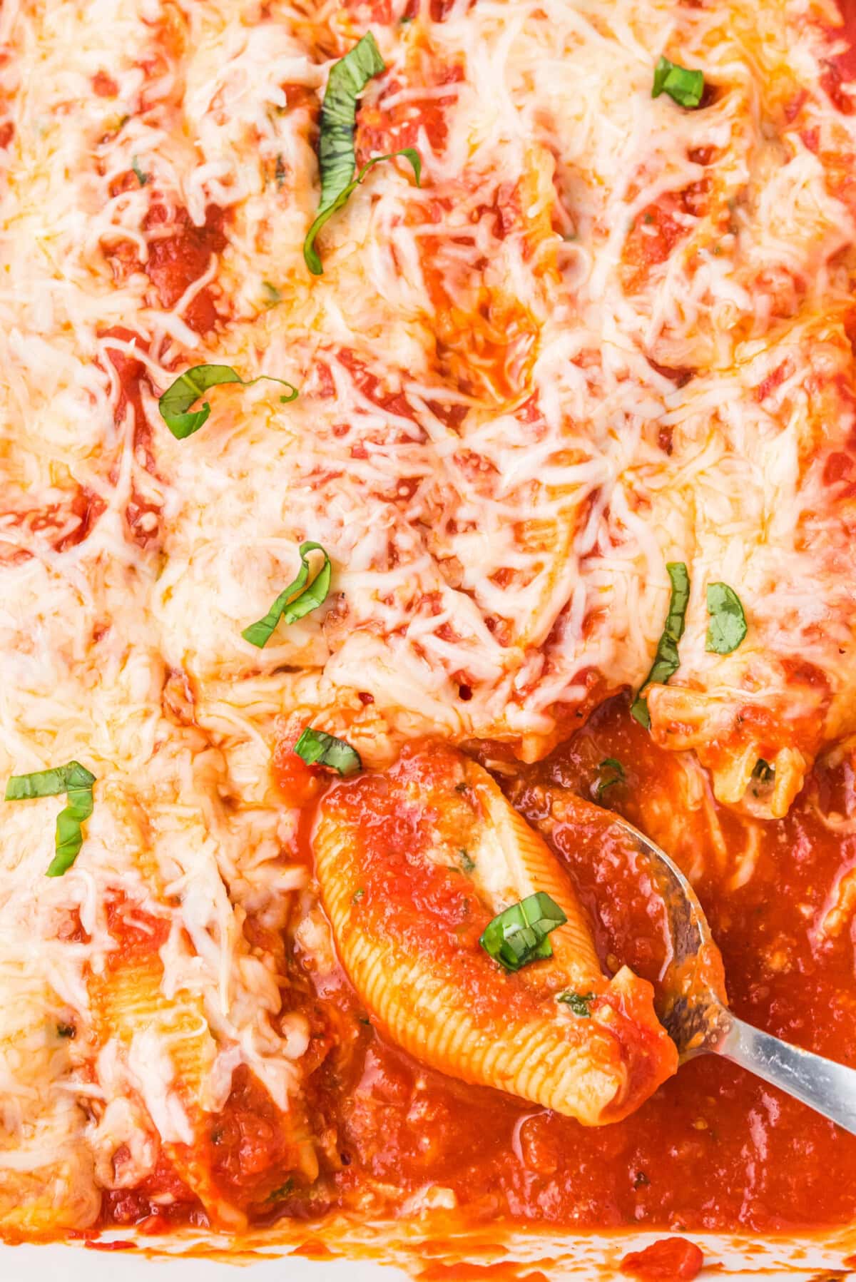 pan of Stuffed Shells with a spoon