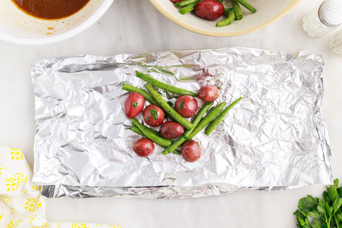 green beans and baby potatoes in foil