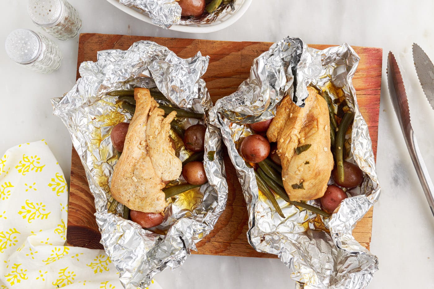 chicken, green beans, and potatoes campfire foil packets