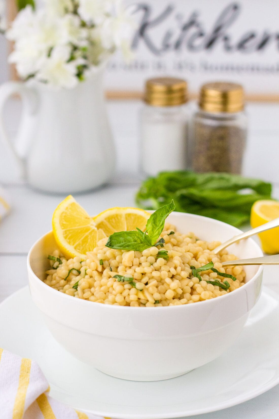 Lemon Couscous with salt and pepper in background