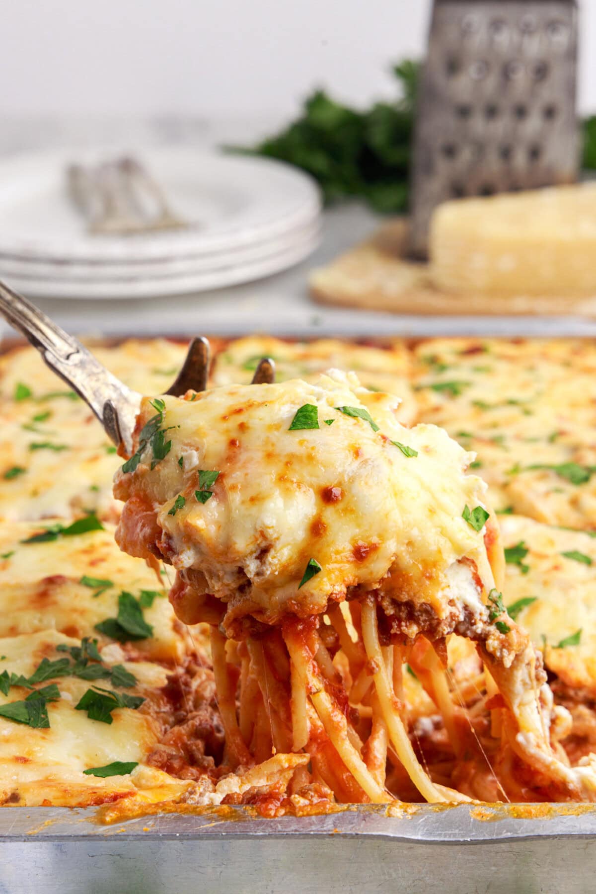 lifting Million Dollar Spaghetti with pasta fork