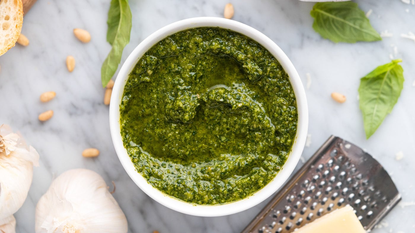 This classic pesto recipe is rich in flavor with a paste-like texture, perfect for tossing into sala