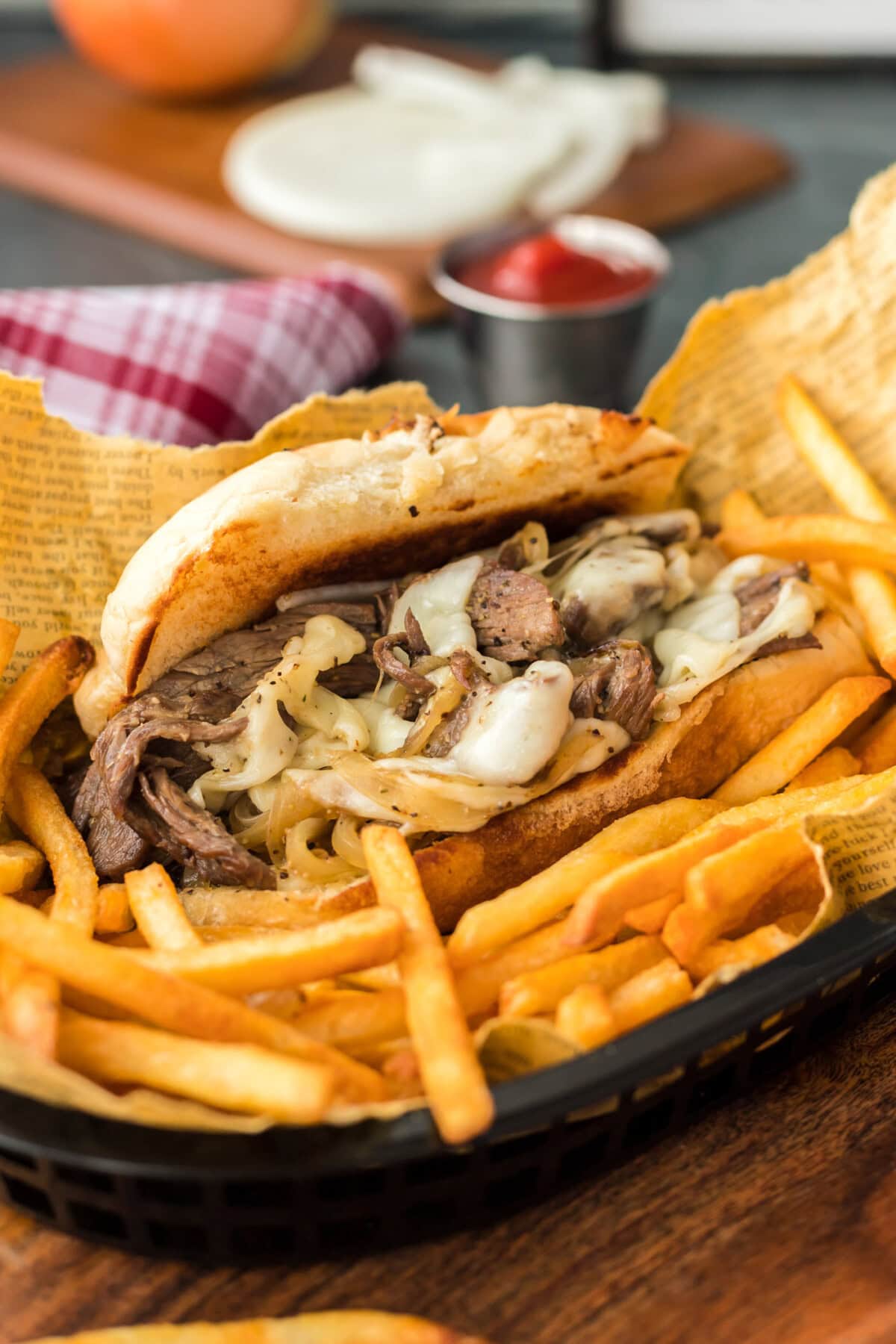 Philly Cheese Steak sandwich in basket