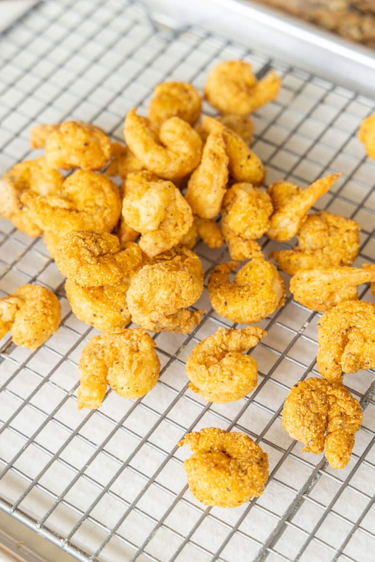 popcorn shrimp on a wire rack
