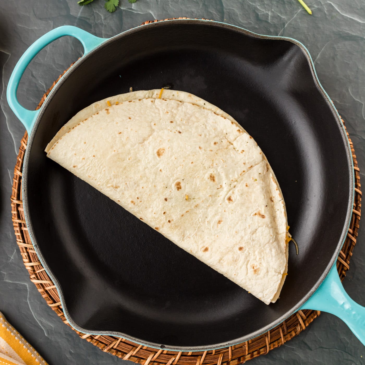 cheese quesadilla in a skillet